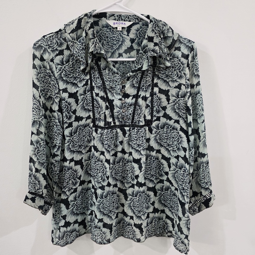 Brora Womens Floral Sheer Silk Top Size 10 Beaded Ruffle‎ Pleated